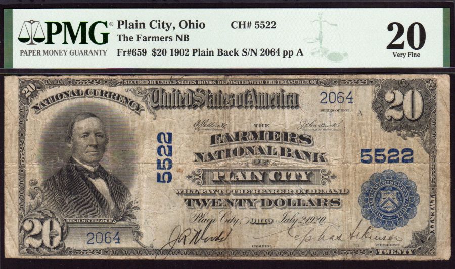 Plain City, Ohio, 1902PB $20, Charter #5522, The Farmers National Bank, VF, PMG-20